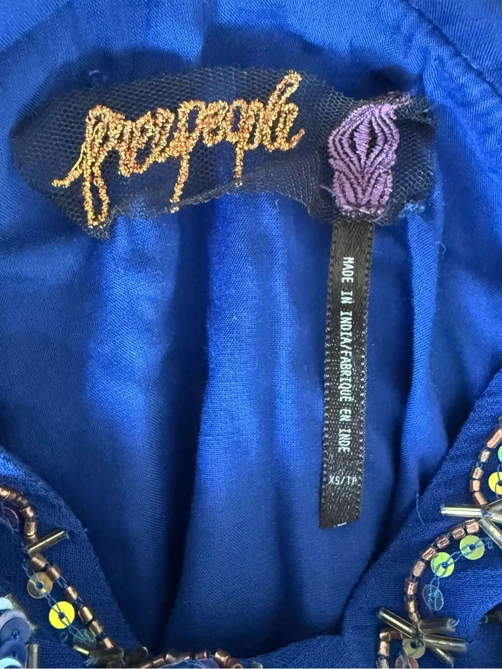 Free People Rare V-Neck Embroidered Mini Dress - Royal Blue XS